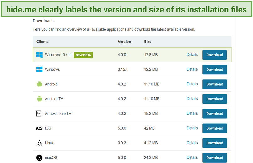 Screenshot of hide.me's download page from the dashboard on its website