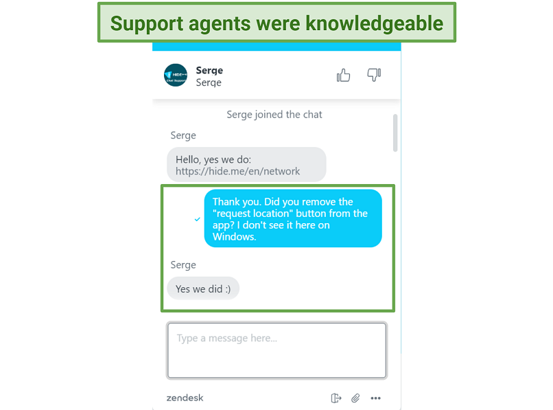 Screenshot of a conversation with hide.me support where they confirmed the 
