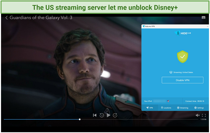 Screenshot of Disney+ player streaming Guardians of the Galaxy 3 while connected to hide.me's US Streaming server