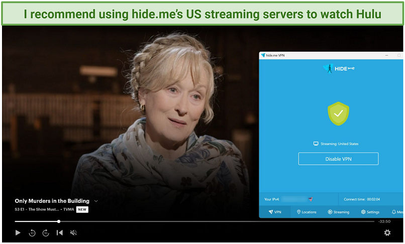 Screenshot of Hulu player streaming Only Murders in the Building while connected to hide.me's US streaming server