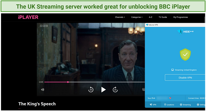 Screenshot of BBC iPlayer streaming The King's Speed while connected to hide.me's UK Streaming server