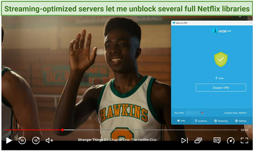 Screenshot of Netflix player streaming Stranger Things while connected to hide.me's Streaming USA server