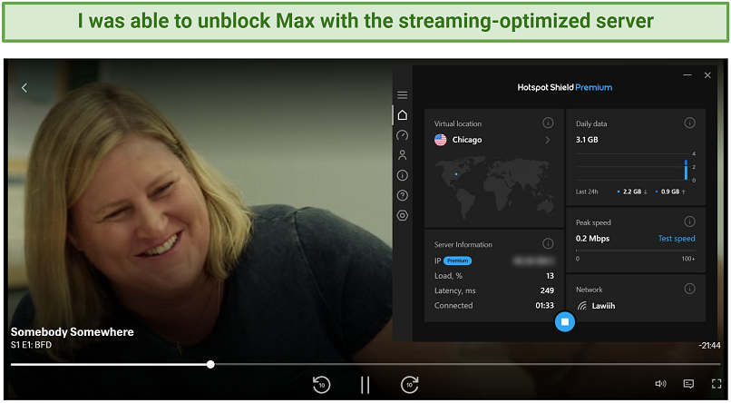 A screenshot confirming that Hotspot Shield can unblock Max (HBO Max)