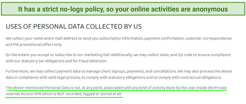 Screenshot of Private Internet Access' Privacy Policy