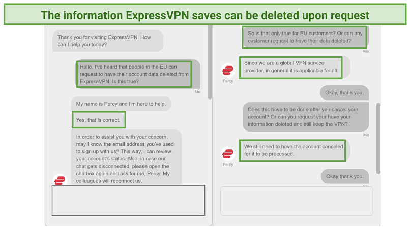Screenshot of live chat stating you can request to have your information deleted after you cancel your subscription