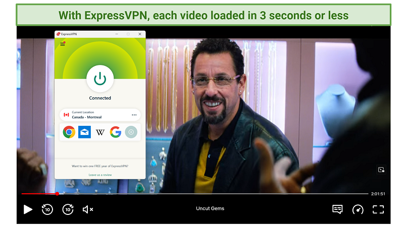 Screenshot of Netflix player streaming Uncut Gems while connected to ExpressVPN's Montreal server