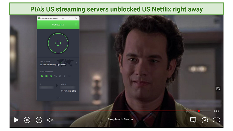 Screenshot of Netflix Player streaming Sleepless in Seattle while connected to PIA's US East Streaming Server