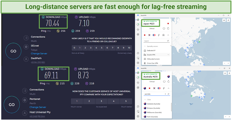 Screenshots of Ookla speed tests while connected to NordVPN's servers in Japan and Australia