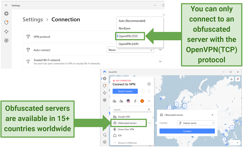 Screenshot showing how to enable the Obfuscated servers option with NordVPN