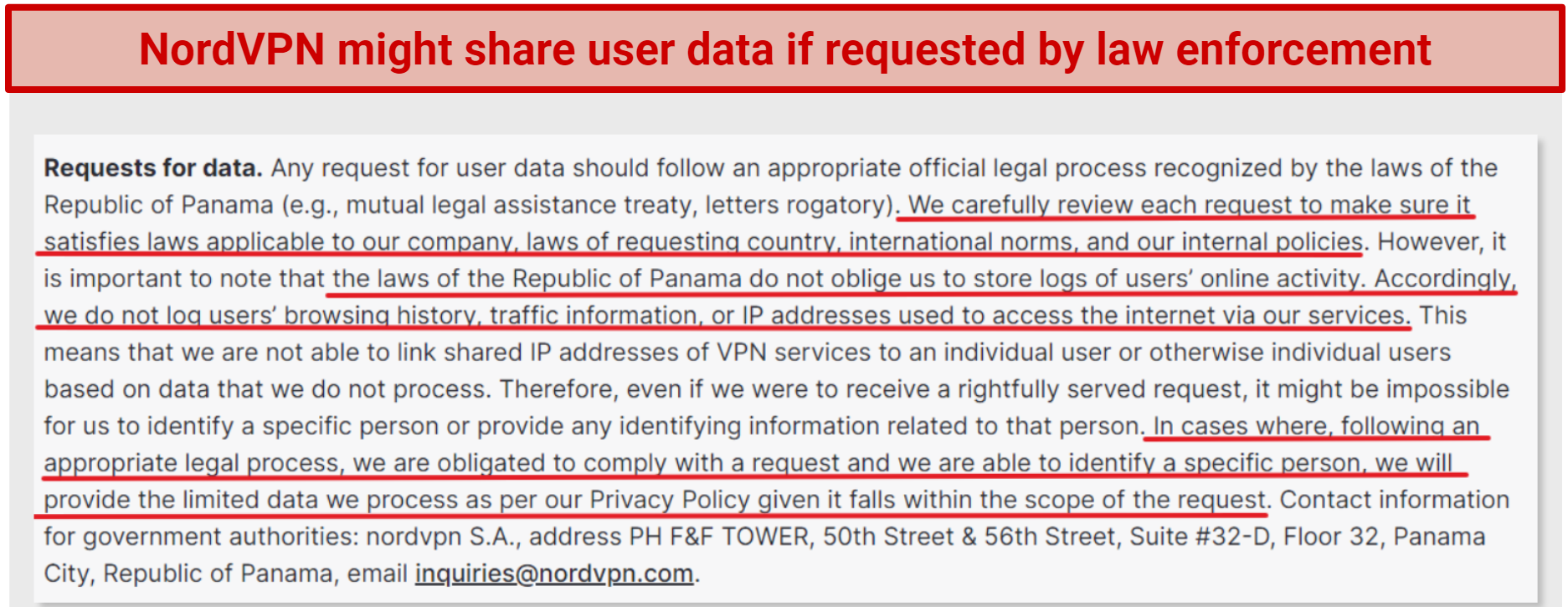 Screenshot of NordVPN's privacy policy