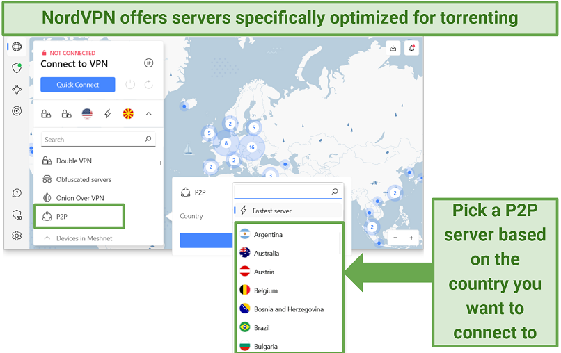 Screenshot of NordVPN's P2P servers