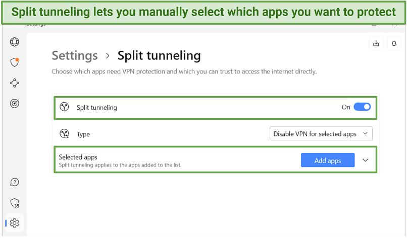 Screenshot of the split tunneling feature in the app