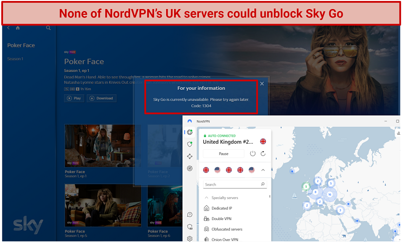 Screenshot of error message when trying to unblock Sky Go with NordVPN