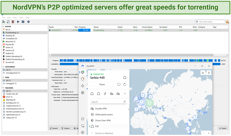 Screenshot of downloading a torrent with NordVPN's P2P servers