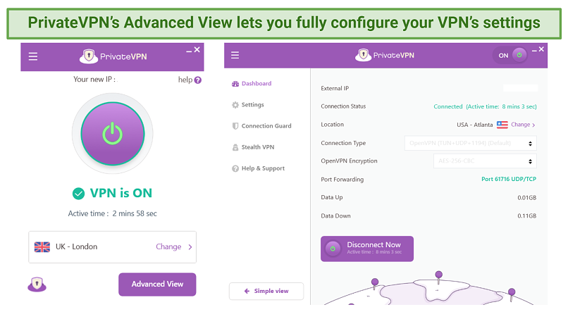 Screenshot showing PrivateVPN's interface