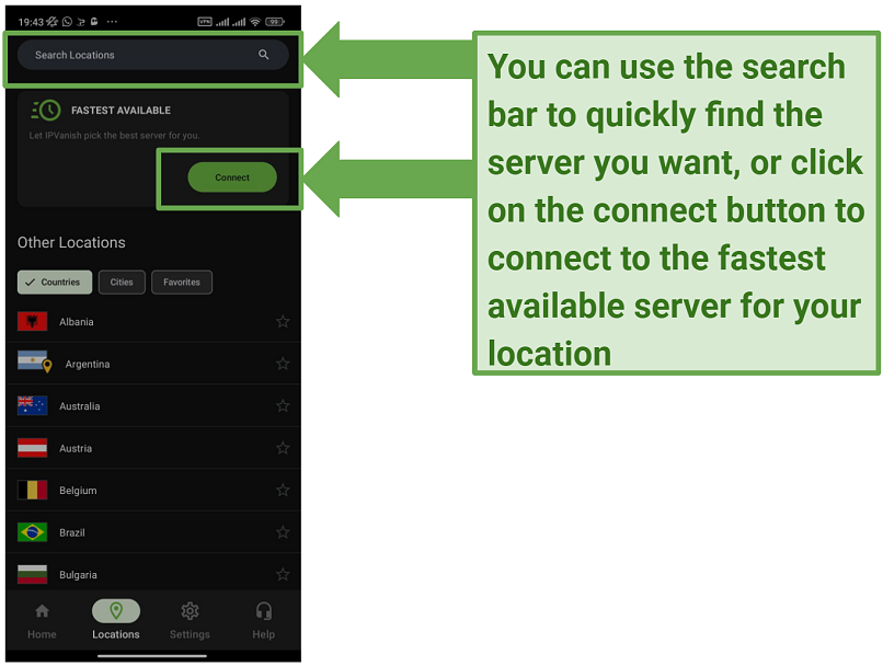 Screenshot of the IPVanish Android app showing the server location selection screen