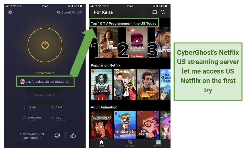 Screenshot of CyberGhost's US Netflix streaming server unblocking US Netflix on iPhone