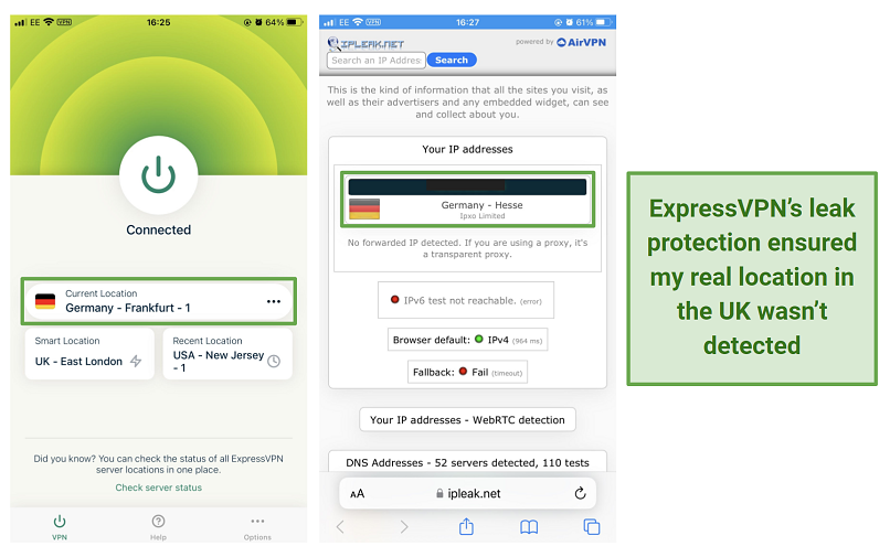 Screenshot of ExpressVPN leak tests connected to German server