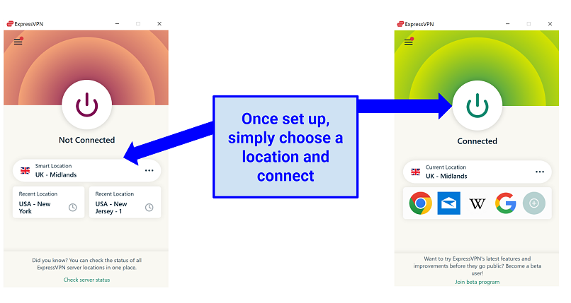 Screenshot of connecting to Smart Location server with ExpressVPN