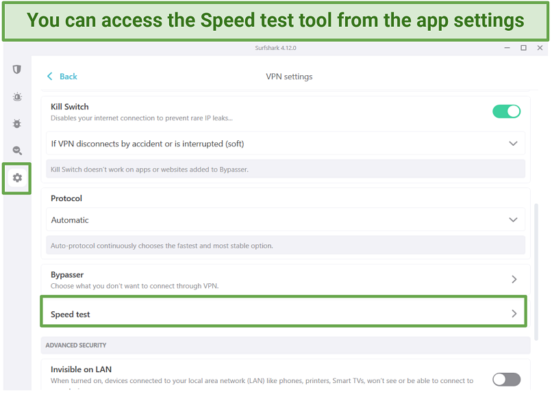 Screenshot showing how to use Surfshark's speed test tool