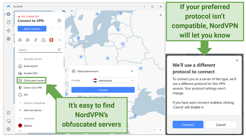 Screenshot showing how to connect to NordVPN's obfuscated servers