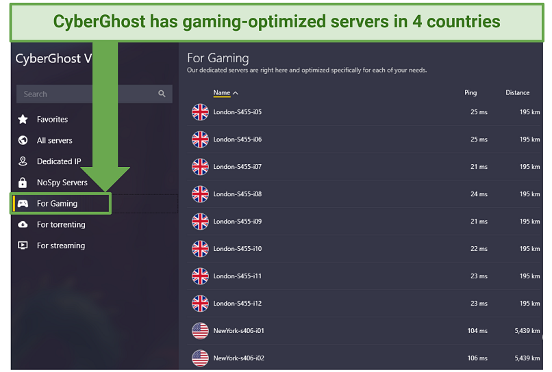 A screenshot showing CyberGhost's optimized gaming servers