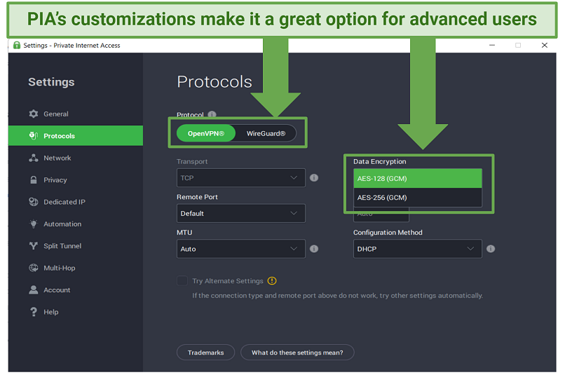 Screenshot showing PIA's customizable security settings