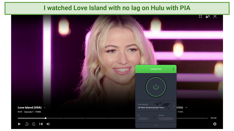 Screenshot showing that PIA can unblock Hulu