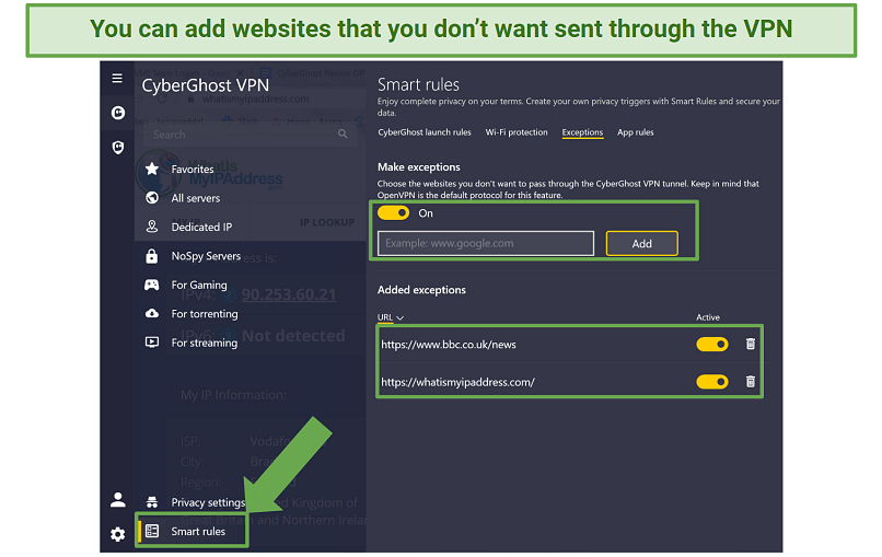 Screenshot of CyberGhost's split tunneling feature called exceptions in the app