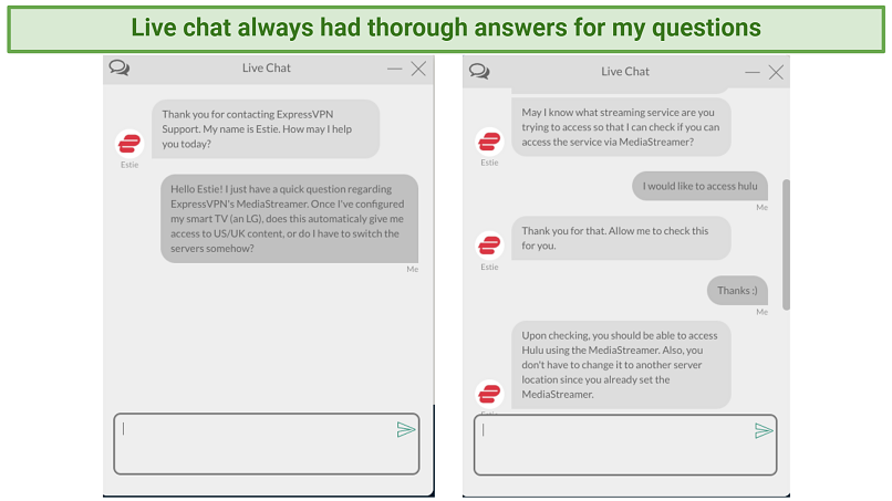 Screenshot of live chat support agent answering questions about ExpressVPN's MediaStreamer