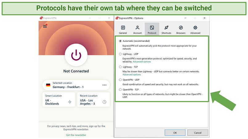 Screenshot of ExpressVPN Windows app showing the protocol settings