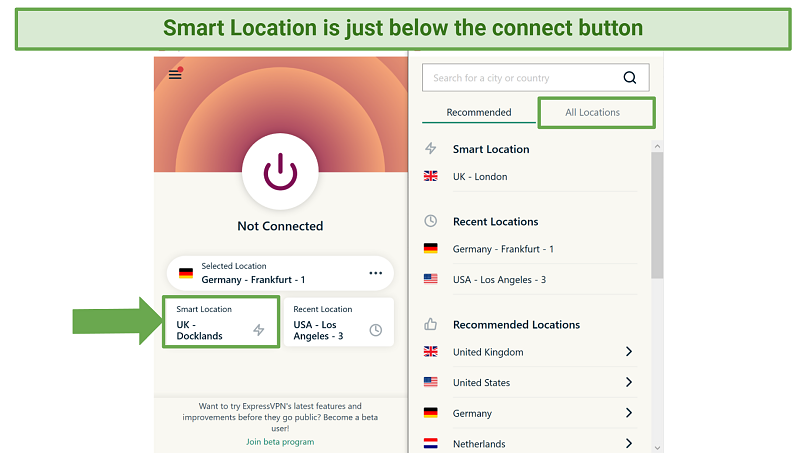 Screenshot of ExpressVPN's Windows app highlighting the Smart Location feature