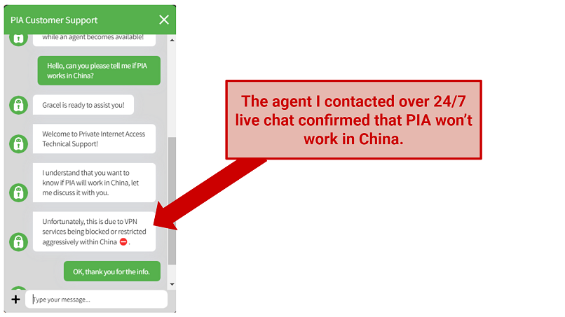 Screenshot of a conversation with PIA's live chat rep confirming that the VPN doesn't work in China.