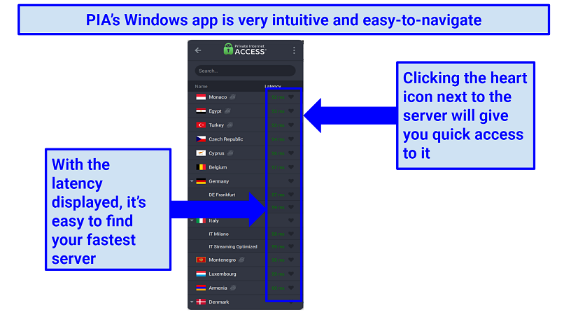 Screenshot of PIA's app displaying latency and the favorite option