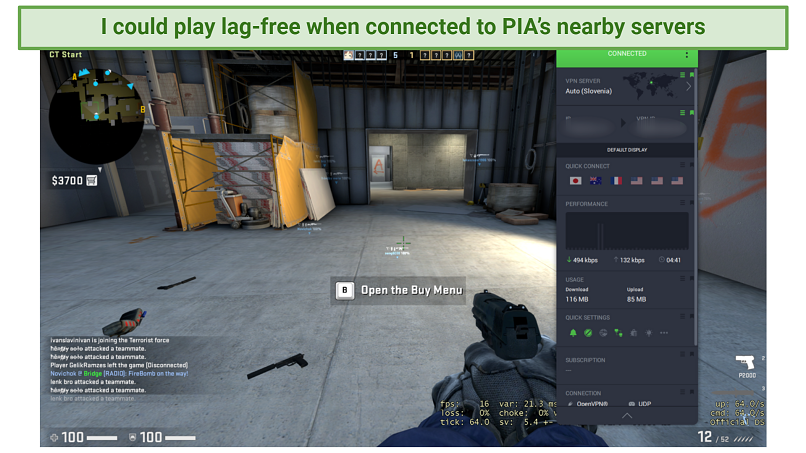 Screenshot of gaming with PIA's optimal server