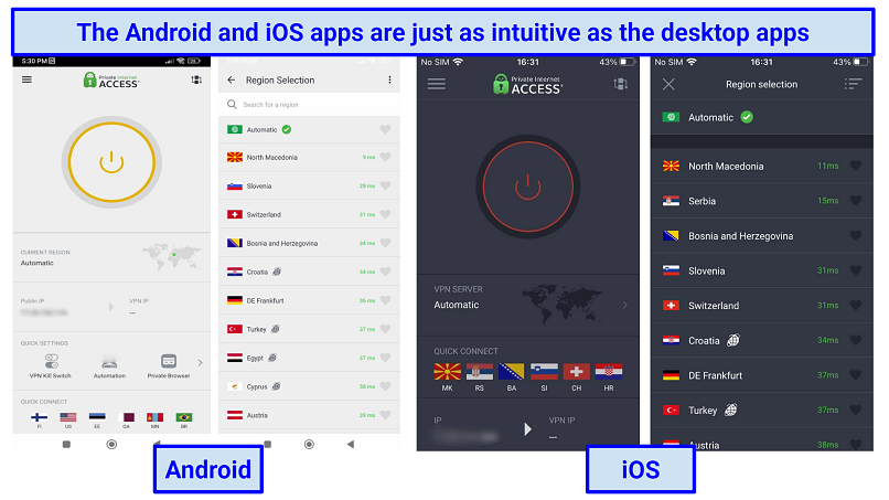 Screenshot of PIA's Android and iOS apps