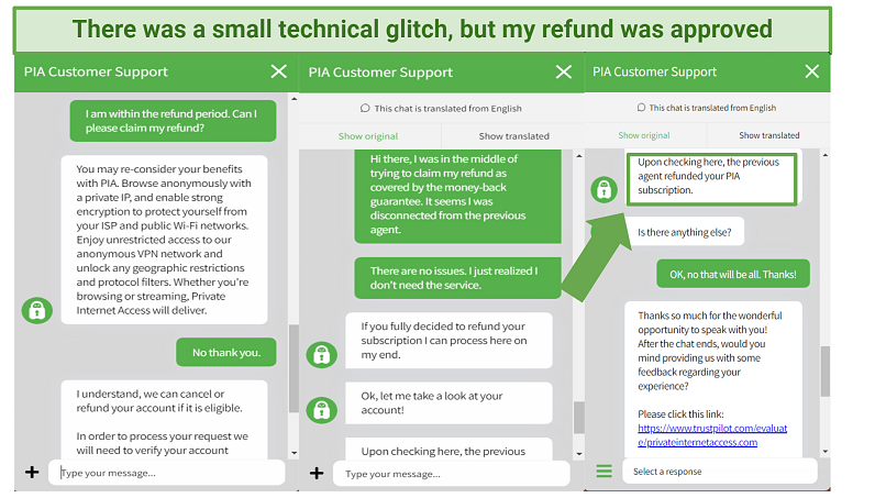 A live agent agreeing to process a refund via PIA's 24/7 live chat feature