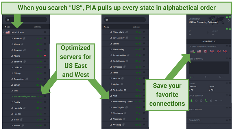 Screenshots of PIA's PC app displaying its US servers