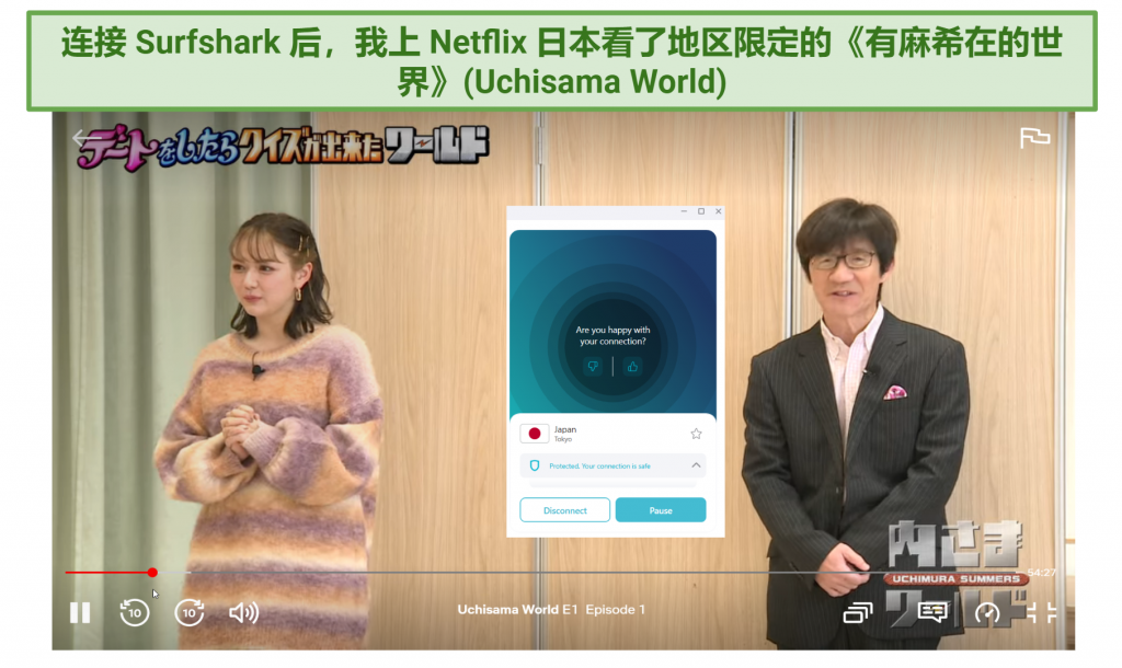 Screenshot of Uchisama World streaming on Netflix Japan with Surfshark connected