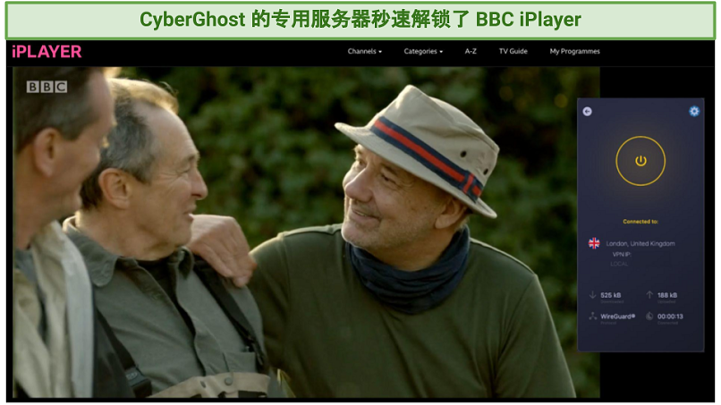 Screenshot of the BBC iPlayer streaming Mortimer & Whitehouse: Gone Fishing with a connected CyberGhost app