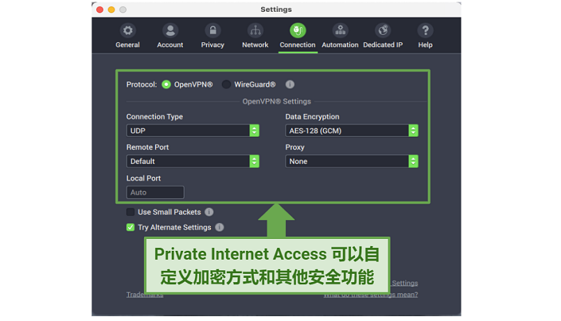 Graphic showing PIA security settings