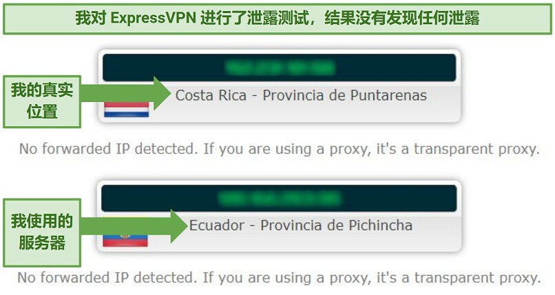 Leak test results showing that ExpressVPN successfully concealed my real IP address and location