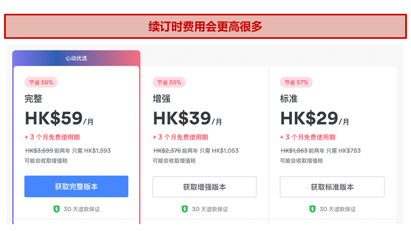 Screenshot showing NordVPN pricing with subscription renewal fee increases for 2 year plan