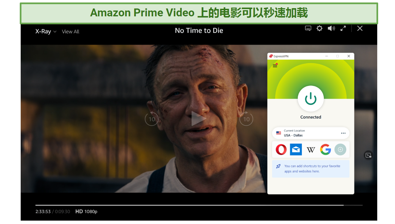 Screenshot of Amazon Prime Video player streaming No Time to Die while connected to ExpressVPN 