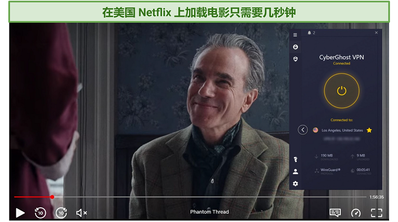 Screenshot of Netflix player streaming Phantom Thread while connected to CyberGhost VPN