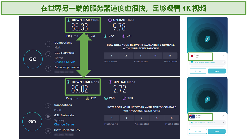 Screenshots of Ookla speed tests done while connected to Surfshark servers in Japan and Australia