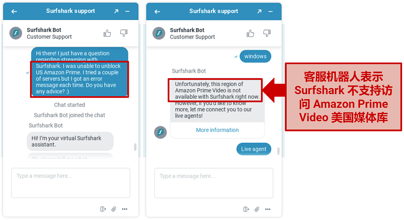 Screenshot of conversation with Surfshark rep explaining it can't unblock Amazon Prime Video