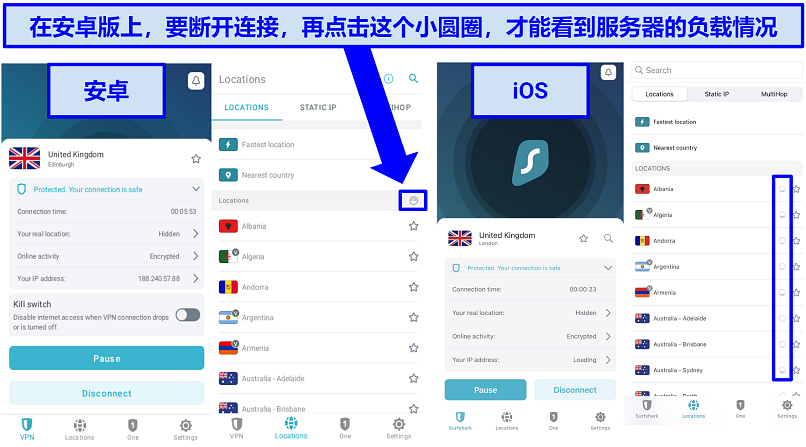 Screenshot comparing Surfshark's Android and iOS apps