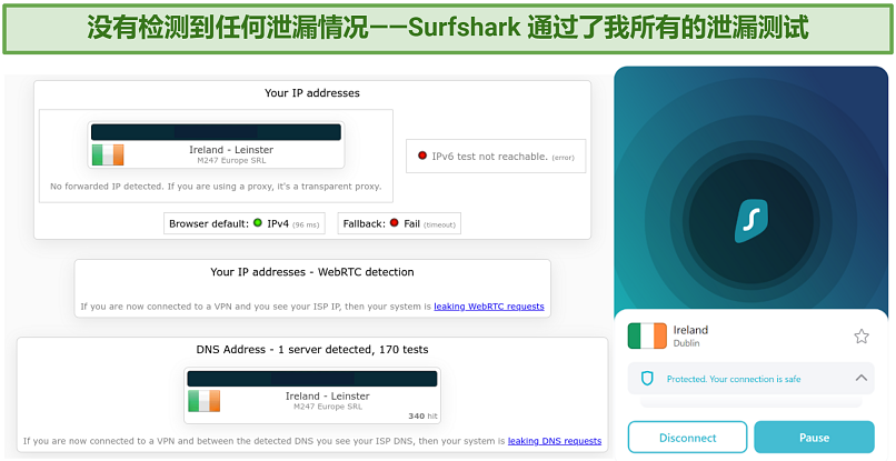 Screenshot showing Surfshark doesn't leak IP, DNS, or IPv6 data.