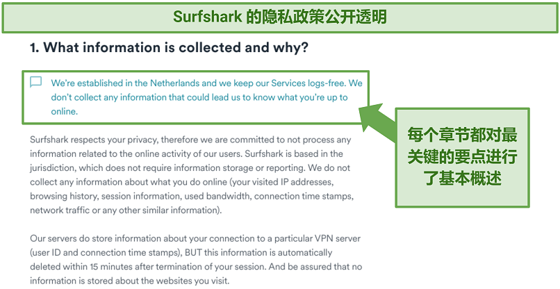 Screenshot showing Surfshark's privacy policy ensuring it stores no identifiable data